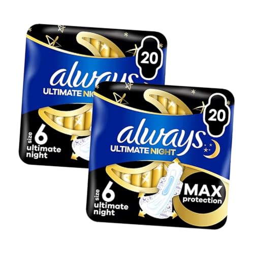 Always Ultimate Night Size  6 with Wings Sanitary Towels - 40 Pads (2 Packs of 20) Max Protection Overnight Absorbency, Longest  &  Widest Pad, LeakGuard InstantDry ComfortFit