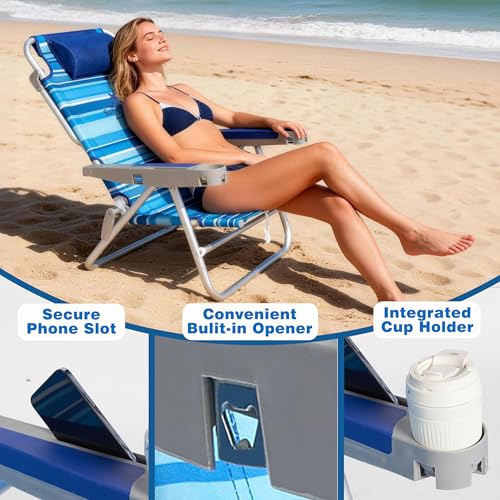 Image of SUNNYFEEL Extra Wide 28 inch Low Beach Chair 2 Pack 5 Position Lay Flat, XL Oversized Portable Folding Camping Chairs with Cup Holder for Outdoor /Trip, Foldable Backpack Beach Chair for Adults