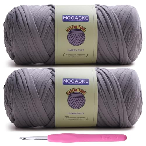 Image of Mooaske 2 Pack T-Shirt Crochet Yarn for DIY Knitting Crochet Cloth Blanket Bag Dolls - 400g Chunky Thick Yarn for Crocheting with Polyester-Spandex Blend Elastic Fabric (Dark Gray)
