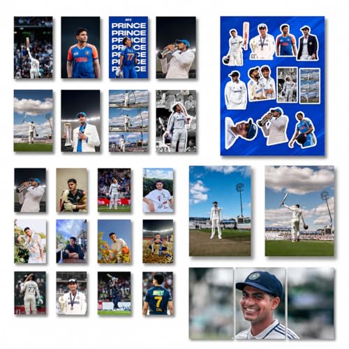 Image of Shubman Gill Gift Merchandise | 10 Premium Posters, 13 Stickers, 12 Photocards & 1 Split Poster | Aesthetic Shubman Gill Merchandise Gift Set for Cricket Fans | Posters Combo Pack for Room Decor