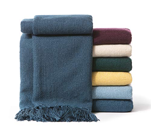 Chanasya Silky Textured Solid Decorative Throw Blanket with Tassels - Elegant Classy Chick Woven Knit for Sofa Couch Bed Room Fringed Throw Blanket Gift for Wedding Birthday (50x65 Inches) Blue