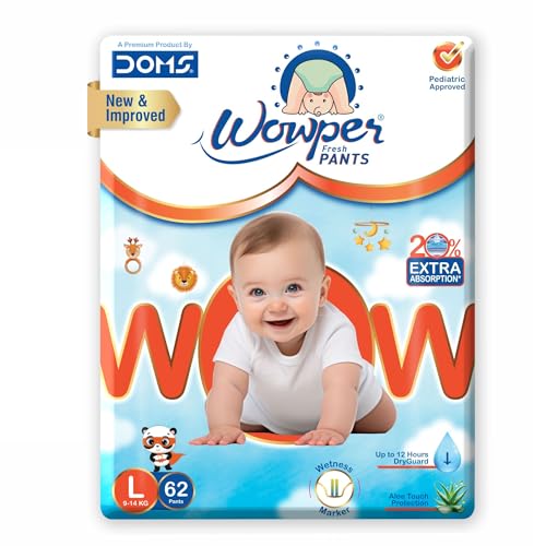 Image of Wowper Baby Diaper Pants | L-62 counts | Wetness Indicator |Anti Rash |up to 12 hrs Absorption |9-14 Kg | Super Soft Diapers