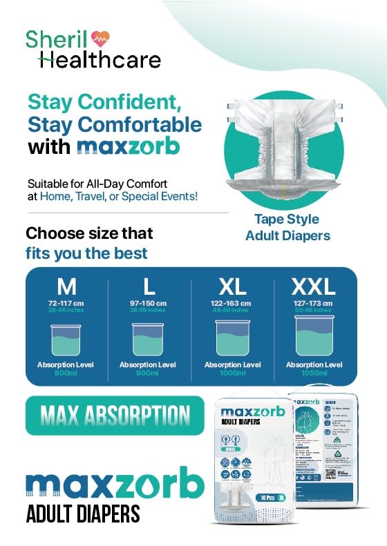Image of Adult Diapers| Tape Style|Full Night Protection|Pack of 11 Diapers|Waist 72 - 117 cm ; 28 - 46 inch|Live your life with comfort|Soft Fabric|Anti-Bacterial Absorbent Core| Medium Size - M