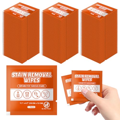 Image of Stain Remover Wet Wipes Bulk, Individual Wrapped Clothes Portable Travel Messy Eater Cleaning Laundry Stain Removal Wipes Pocket Size for Clothing Fabric /Shoes /Wine /Fast Food 7.1 x 4.7 Inch(Orange200)