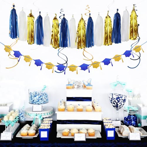 Image of Navy-Blue White Gold Graduation Party-Decorations Garland - 31pcs Congrats Grad Class 2026 Banner,Hat Hanging Streamers,College High School Congratulations Masters Classroom Backdrop Decor Burgleda