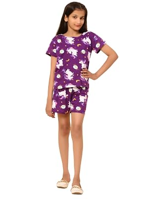 Ninos Dreams Cotton Knit Half Sleeves Unicorn Print Tshirt & Shorts Set - Purple