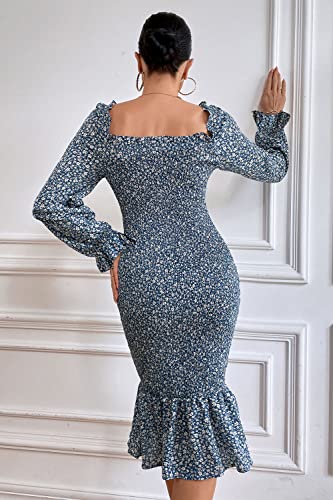 Image of PRETTYGARDEN Women's Long Puff Sleeve Floral Midi Bodycon Dresses Square Neck Ruffle Mermaid Smocked Dress