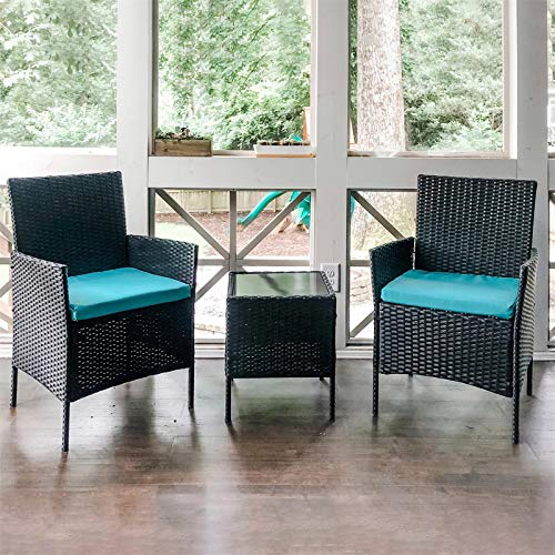 Patio Furniture Sets 3 Pieces Porch Furniture PE Rattan Patio Set Outdoor Table and Chairs with 2 Pieces Blue Patio Furniture Cushions (Blue)