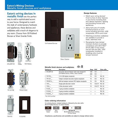 EATON TR7755SG-K-L Combination USB Charger with Tr Duplex Receptacle, Wire Leads, 12-14 Awg, 125 Vac, 15 A, Silver Granite