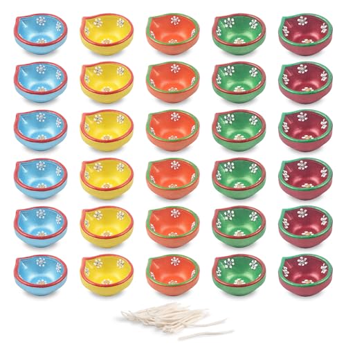 KSJONE 30 Pcs Hand Painted Diya with Cotton Wicks Oil