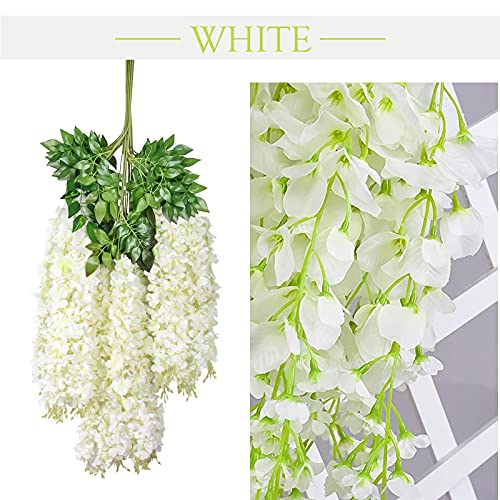 24 Pack 3.6 Feet Wisteria Hanging Flowers, Artificial Fake Wisteria Flower Vines Garland Silk Flowers String For Wedding Party Wall Decorations (White, 24) #TOP1