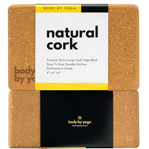 Cork Yoga Blocks 2 Pack High Density Non Slip with Select Cork Grain for Chip-Resistant Durability | Extra Thick 4 for Support & Stability | Natural Smooth and Crumble Free | Body By Yoga (Classic Without Strap)