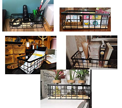 Metal Wire Bathroom Storage Organizer Basket Bin, Rustic Vintage Wire Grid Wooden Base Organizing Basket For Kitchen, Cabinets, Shelves, Pantry, Closets, Vanity Countertops, Bedrooms, Under Sinks #TOP5
