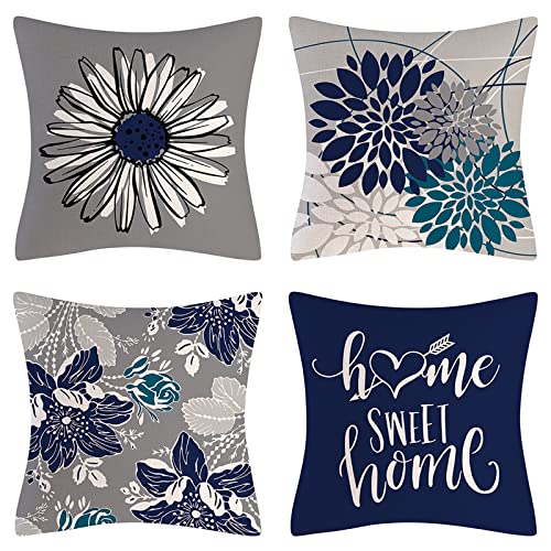 Brillistar Blue Decorative Throw Pillow Covers 18X18 Set Of 4 Blue Teal Gery Pillow Cover Modern Geometry Floral Linen Decorative Pillows For Couch Living Room Bedroom Sofa Outdoor Pillow Covers #TOP7