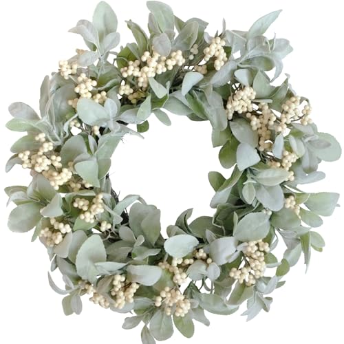 Bibelot 18 Inch Lambs Ear Wreaths Spring and Everyday Lambs Leaves Light Yellow Berries Wreath for Front Door, Everyday Grapevine Greenery Wreath for Indoor and Outdoor, Spring Berries Leaves Wreaths…