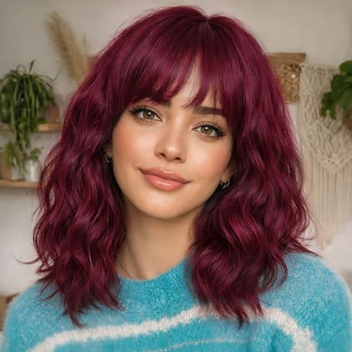 Nnzes Bob Curly Wig Synthetic Short Wine Red Wig with Bangs Natur...