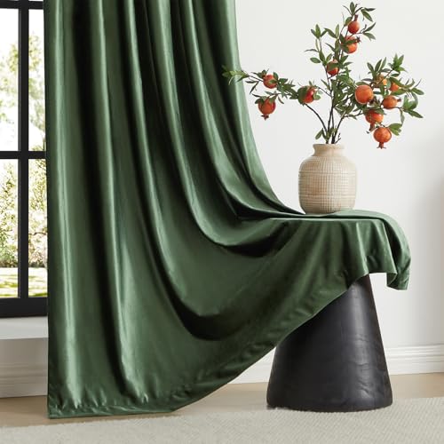 Image of PRIMROSE Emerald Olive Green Velvet Curtains 63 inch Long for Living Room,Set of 2 Panels Blackout Rod Pocket Back Tab Window Treatment Room Darkening Heavy Decorative Curtains Drapes for Bedroom