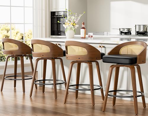 Swivel Bar Stools Set of 4, 26" Upholstered Faux Leather with Bentwood Legs