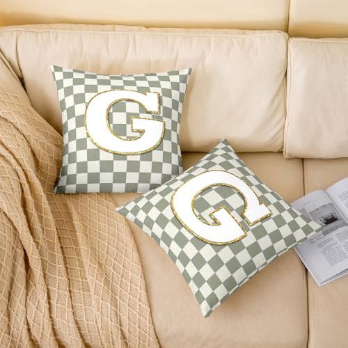 Image of Erosebridal Sage Green Checkered Throw Pillow Covers 20x20 Set of 2 Plaid Initial G Pillow Covers Personalized Monogram Cushion Cover Fashion Grids Gingham Pillow Cases for Couch Sofa