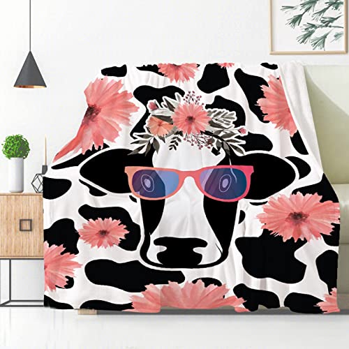 Cute Cow Throw Blanket, Milk Cow Print Blanket Plush for Baby Girls Boys Gifts, Ultral Soft Lightweight Cozy Flower Flannel Fleece Suit for Sofa, Couch, Bed, Home 80