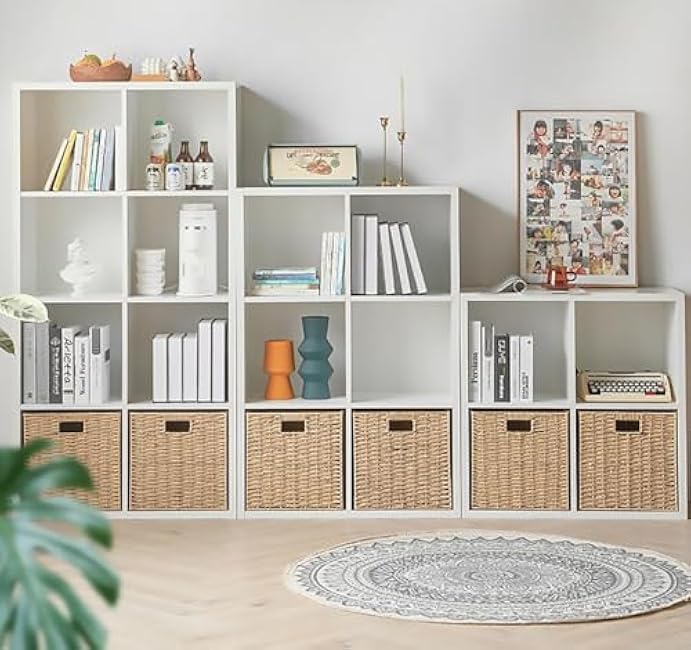 3Pcs Woven Shelf Baskets, 10.5'' Paper Rope Handmade Open Storage Bins, Light Brown Pantry Baskets Organization Basket Foldable Storage Bins for Bedroom, Cubby Cubes Wicker Basket with Handles