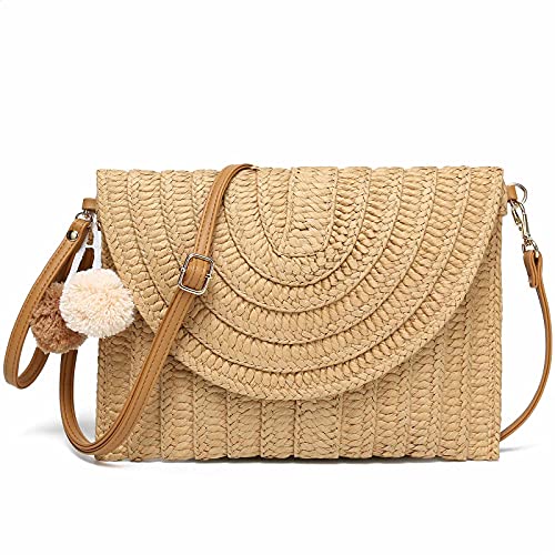 YIKOEE Straw Purse for Women Summer Beach Woven Bag With PomPom - Image 2