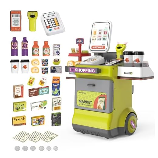 KalaDuck Niños Caja Registradora de Supermercado Juguetes, Carrito de Caja Registradora 48PCS con Escáner, Calculadora, Dinero Juguete y Accesorios Compras, Tienda Juguete para Niños Regalo (Verde)
