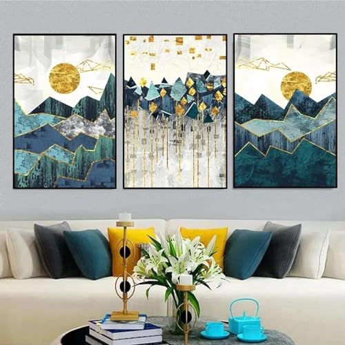 Peinture sur toile nordique abstraite salon triptyque montagne paysage soleil doré