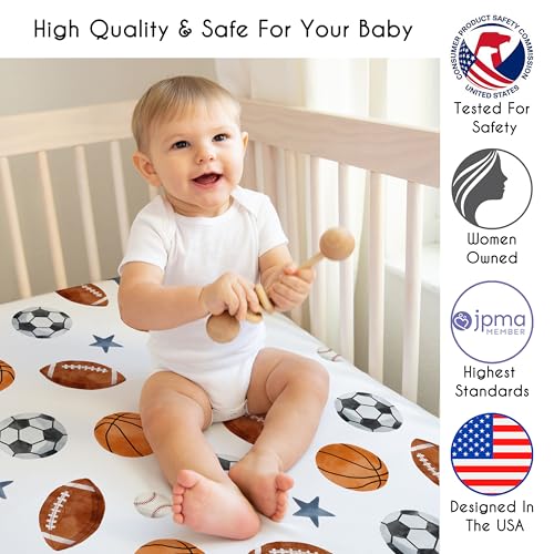 Image of Sweet Jojo Designs Baby Fitted Mini Crib Sheet (Vintage Sports Theme) for Boys, Newborn /Infant Nursery, Play Yards, Portable Cribs (Sport Themed, Soccer Balls, Football, Baseball, Basketball, Star)