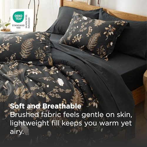 Image of Bedsure Floral Black Comforter Set, Queen Bedding Sets, 7 Piece | Bed in a Bag, Comforters, Bedroom, Reversible, Fluffy, Whisper-Quiet, All-Season, Polyester, Easy Care, Botanical-Chic, OEKO