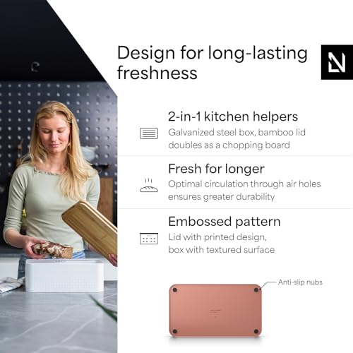 Image of LARS NYSOM Bread Box I Metal Box for long lasting freshness I Bread Bin with bamboo lid usable as cutting board I 13.4x7.7x5.3In (Brick Red)