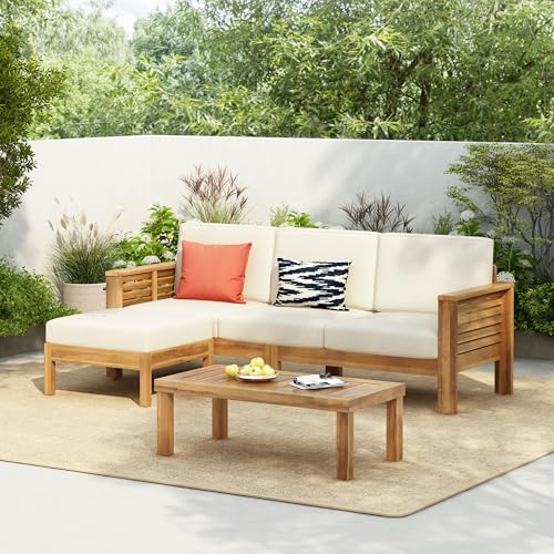 Christopher Knight Home Havets 3 Pieces Outdoor Acacia Furniture Set, Slat Panel Couch, Spacious Seating Armchair, 6' Thick Cushions Sofa and Coffee Table Set for Backyard Garden Balcony, Teak+Beige