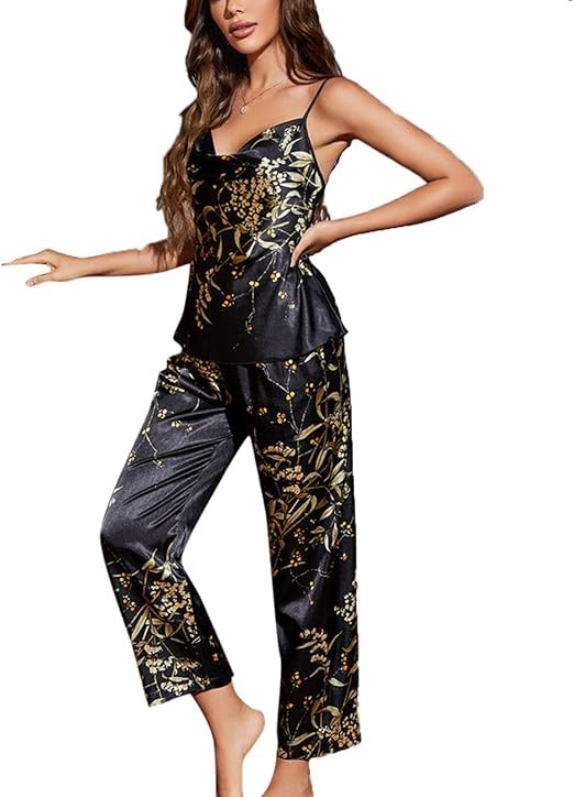 Women Satin Night Suit Set | Printed Spaghetti Strap Cami Top & Pajama Set | Soft Silky Sleepwear Loungewear-image-14
