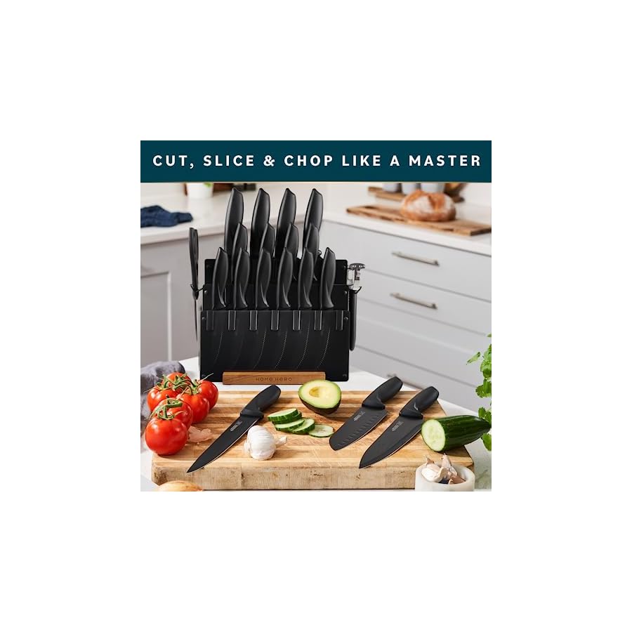 Home Hero Kitchen Knife Set with Sharpener - High Carbon Stainless Steel Knife Block Set with Ergonomic Handles (20 Pcs - Black)