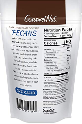 Gourmet Nut Dark Chocolate Covered Pecans, 52% Cacao, Vegan, Non-Dairy, Premium Dark Chocolate, 7 Oz (Pack Of 1)