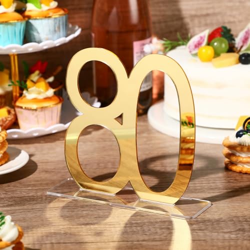 Image of Threehoney 12 Pcs Mirror Gold 80th Birthday Decorations for Men and Women Acrylic Anniversary Decorations Table Numbers Centerpieces for Birthday Party