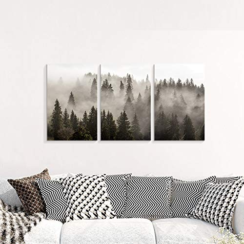 Natural Landscape Wall Art Paintings: Photographic Artworks Dark Tree Line With Foggy Misty Forest Pine Print On Wrapped Canvas For Decoration, Multi-Piece Image (16"X26"X3, Gray Wall Decor) #TOP1