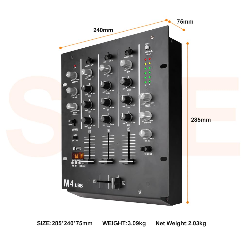 M4 4-Kanal DJ Mischpult (Schwarz), Audio Mixer mit Bluetooth & USB, Crossfader, 3-Band EQ, Gain-Regler & Cue-Monitor-Funktion - Professionelles Soundboard für Party, Club, Karaoke