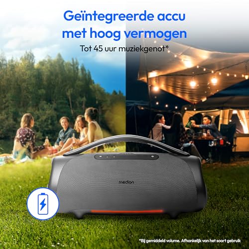 MEDION P61768 draagbare Bluetooth luidspreker (oplaadbare batterij, bass boost, RGB lichteffecten, IPX7 waterbescherming & robuust, geïntegreerde powerbank, 100W (RMS) totaal, 2x 25W + 50W) Antraciet - Afbeelding 6