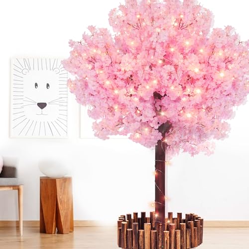 TTDMK Artificial Cherry Blossom Tree with LED Light, Handmade Pink Cherry Tree, Weeping Cherry Blossom Tree Artificial for Garden, Party, Wedding, Home Decor, Indoor & Outdoor (5ft Tall/1.5M/6 Trunks)