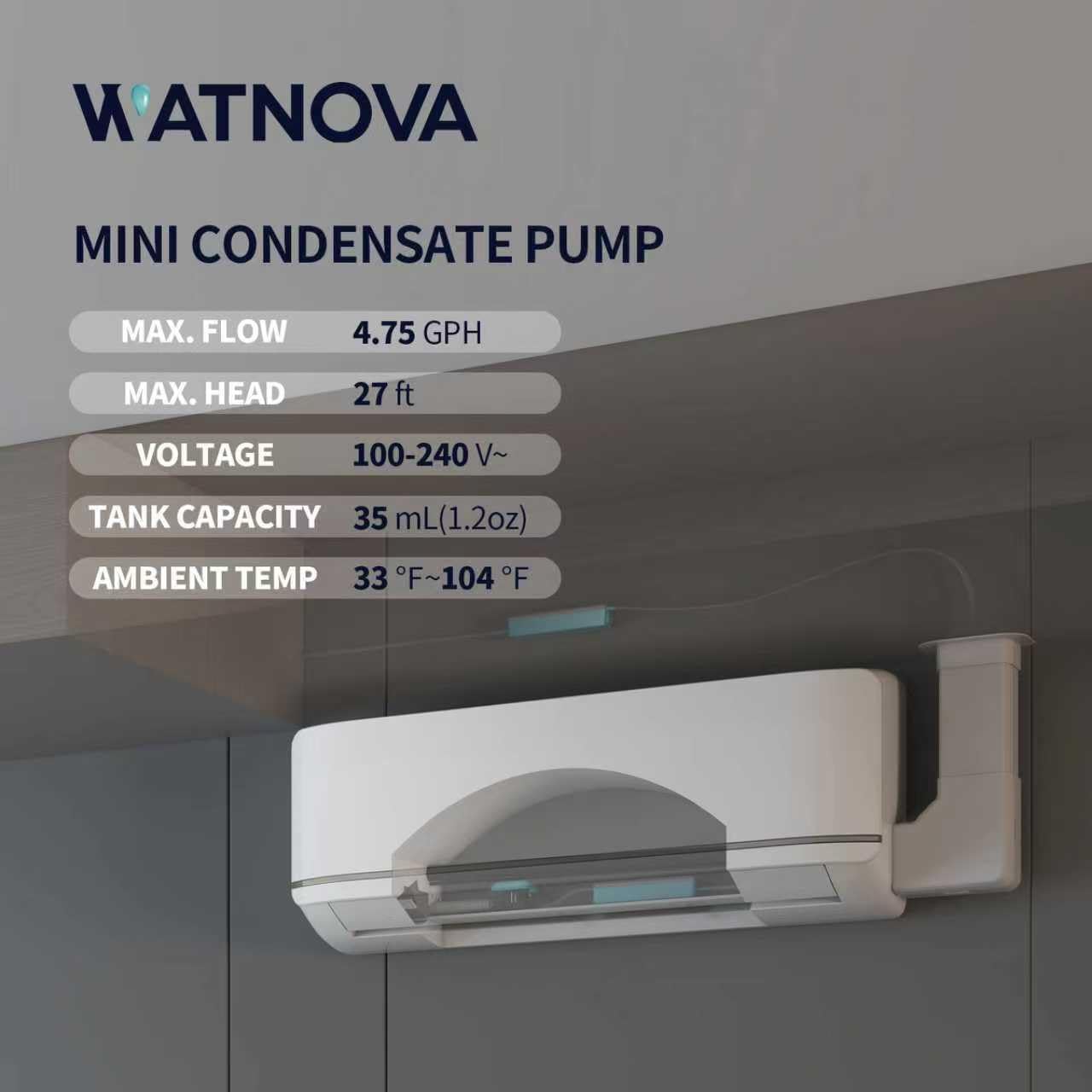 WATNOVA Ultra Slim Mini Split Condensate Pump, 4.75 GPH 27 ft Lift HVAC Drain Pump, Floatless Probe Sensor, Ultra-Quiet 19 dB, Hidden Installation for Wall Mounted Air Conditioners/Ceiling AC