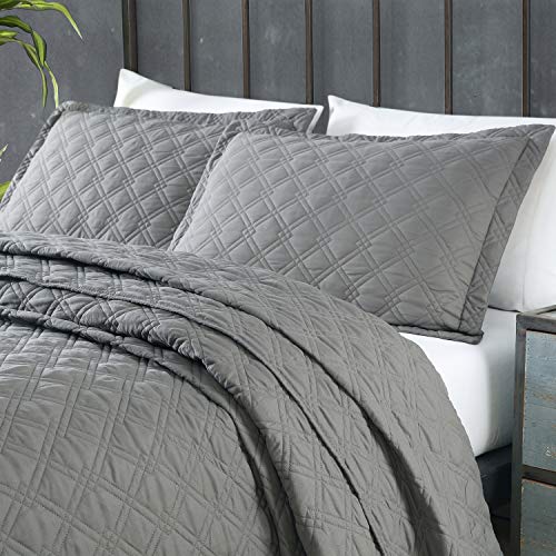 Tempcore Quilt Queen Size Grey 3 Piece,Microfiber Lightweight Soft Bedspread Coverlet For All Season,Full/Queen Grey Diamond,(1 Quilt,2 Shams) #TOP1