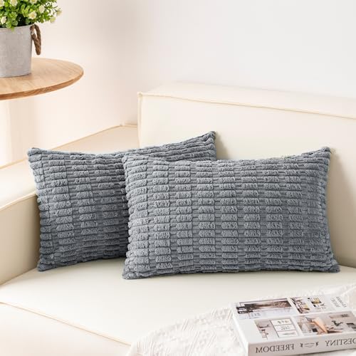 Image of Pack of 2 Corduroy Decorative Throw Pillow Covers 12x20 Inch, Light Grey | Fall Soft Striped Pillow Covers Modern Farmhouse Home Decor Christmas Throw Pillow Covers for Sofa Living Room Couch Bed