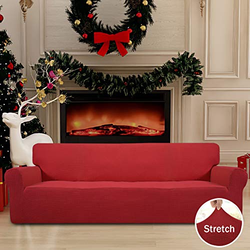 Image of Easy-Going Stretch 4 Seater Sofa Slipcover 1-Piece Sofa Cover Furniture Protector Couch Soft with Elastic Bottom for Kids, Polyester Spandex Jacquard Fabric Small Checks Christmas Red