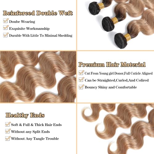 Image of 16A Ombre Body Wave Bundles Human Hair (T1B /27,26 inch 28 inch 30 inch) Brazilian Ombre Brown Human Hair 3 Bundles Deals 100% Unprocessed Virgin Brazilian Body Wave Hair Weave Bundles