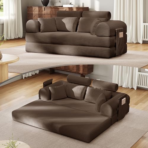 Image of Upgrade High Backrest Design Sofa Bed with Fixed-Shape Frame & Removable Armrests and Backrest, Corduroy Fabric, Convertible Mattress Couch for Small Spaces - No Assembly Needed (Brown)
