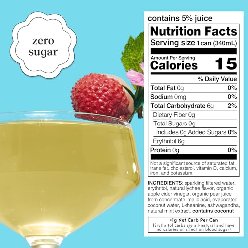 Moment Mocktails Non Alcoholic Drinks (Shark Tank) | SPARKLING Lychee Mojito Adaptogen Drink | L-Theanine & Ashwagandha for Calm & Clarity | 0 Added Sugar 0 Caffeine | 12-pack