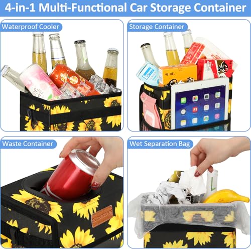 Image of ELONGRIVER Car Trash Can Bin for Back Seat Leak Proof, Cute Car Trash Bag Hanging, Vehicle Trash Can for SUV Truck Van, Automotive Garbage Cans Front Seat Sunflower Floral