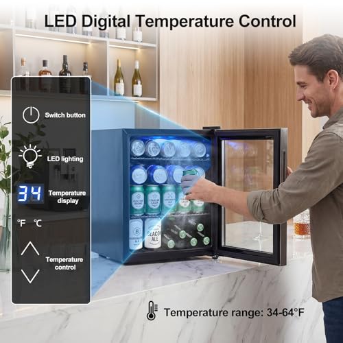 Image of Mini Fridge Cooler - Small Beverage Refrigerator Stainless Steel Glass Door for Soda Beer Wine-Countertop Drink Cooler for Home, Dorm, Office or Bar, Electronic Temperature Control,1.4cu.ft.