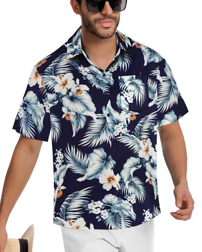 Image of Men Hawaiian Shirt Short Sleeve Summer Beach Button Down Shirts with Pocket